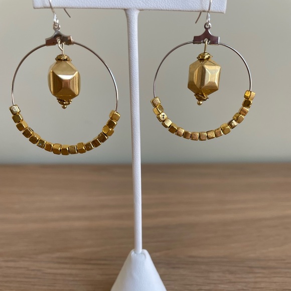 HAND CRAFTED EARRINGS Silver Hoops Goldtone Focals Gold Plated Cubes Statement - Picture 3 of 12